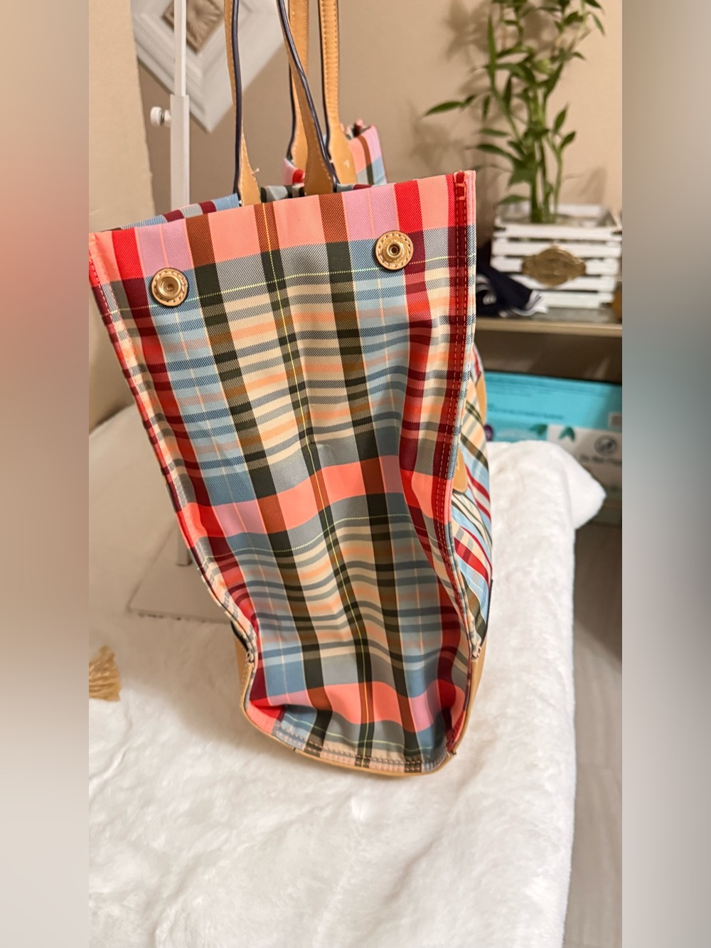 Tory Burch Multicolor Plaid Tote with Tan Leather Trim - Picture 4 of 13